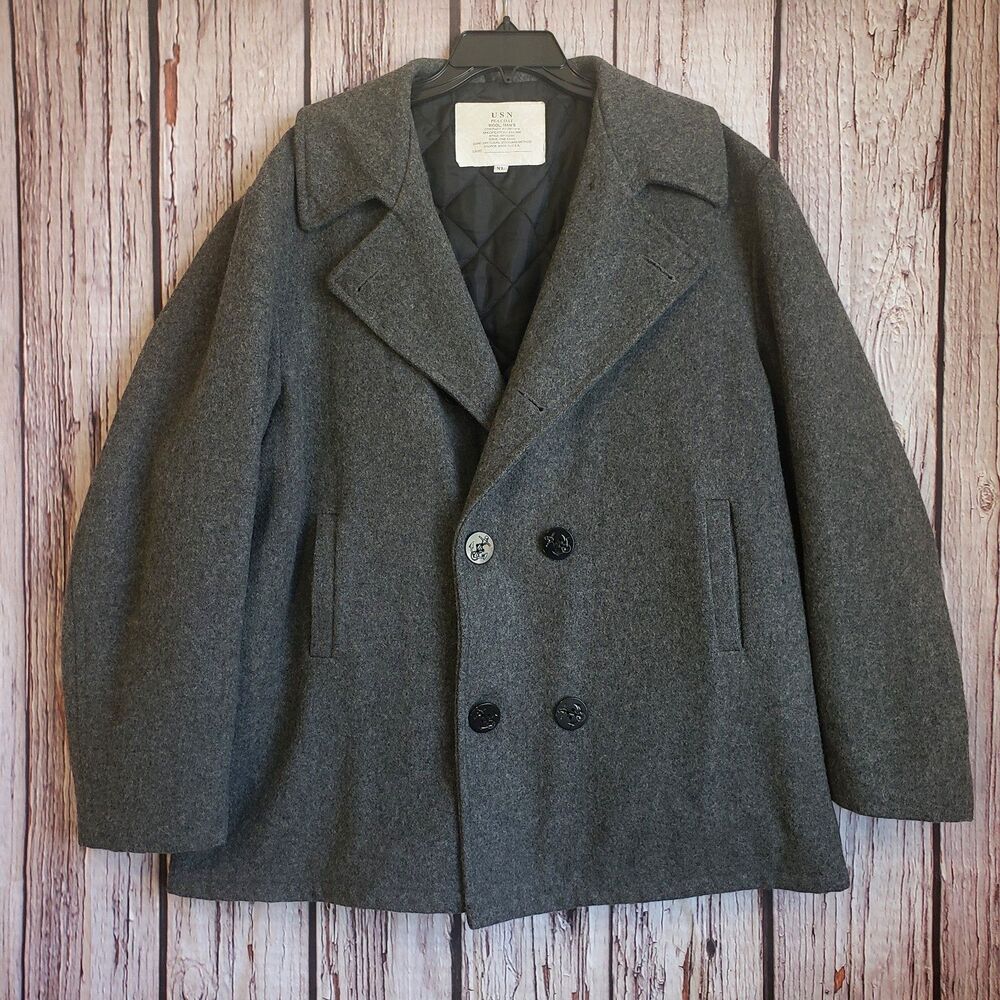 Vintage 80s US Navy Wool Pea Coat Charcoal Gray Sailor XL Men Made in USA